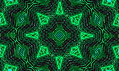 Stili çiçek şeklinde parlayan yeşil bir süslemesi olan koyu bir arka plan. Tasarım için kaleydoskop deseni