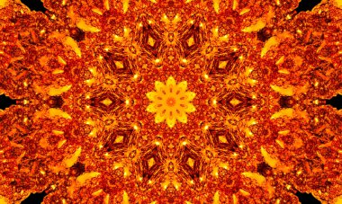70 'lerde siyah retro desenli turuncu ışınlar. Soyut benzersiz kaleydoskop arkaplanı. Güzel kaleydoskop, kusursuz desen. Kusursuz kaleydoskop dokusu.