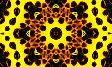 Sarı çiçek desenli, kusursuz kaleydoskop. Paketleme, hatıra defteri, hediye paketi, kitap ve broşür üretimi için kaledoskop deseni. alboms