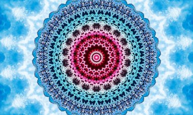 Bulutsuz mavi gökyüzü arkaplanı üzerinde canlı kırmızı hız treni altıgen yinelenen kaleydoskopik tasarım