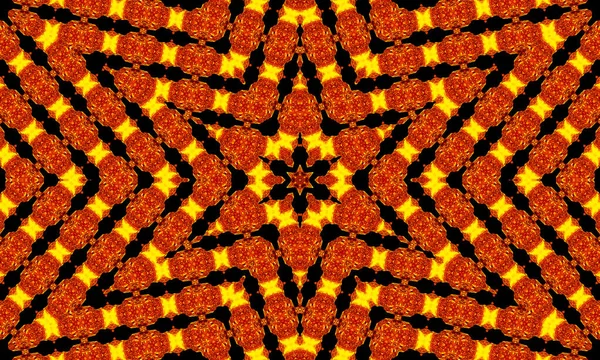 Narancs Sugarak Csillagok Fekete Retro Texturált Minta Absztrakt Egyedi Kaleidoszkóp — Stock Fotó