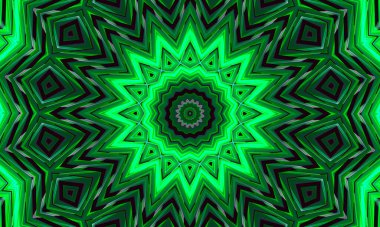 Stili çiçek şeklinde parlayan yeşil bir süslemesi olan koyu bir arka plan. Tasarım için kaleydoskop deseni