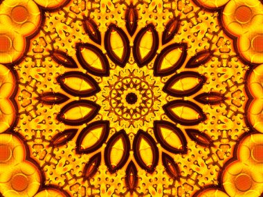 Güneş çiçeği kaleydoskopu. Güzel sarı ayçiçekleri kusursuz desen. Eşsiz kaleydoskop mozaik dokusu. Yaz zamanı çiçek teması