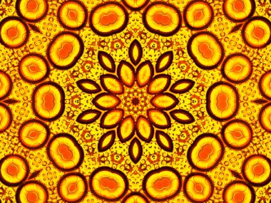 Güneş çiçeği kaleydoskopu. Güzel sarı ayçiçekleri kusursuz desen. Eşsiz kaleydoskop mozaik dokusu. Yaz zamanı çiçek teması