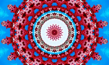 Bulutsuz mavi gökyüzü arkaplanı üzerinde canlı kırmızı hız treni altıgen yinelenen kaleydoskopik tasarım