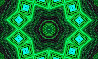Stili çiçek şeklinde parlayan yeşil bir süslemesi olan koyu bir arka plan. Tasarım için kaleydoskop deseni