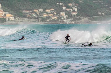 Profesyonel sörfçü ligurian dalgasına biner.
