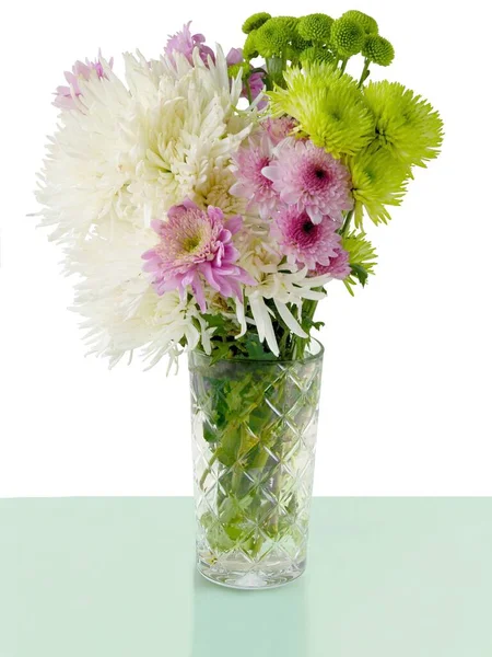 Multicolor Chrysanthemum Flowers Glass Vase Close — Stock Photo, Image