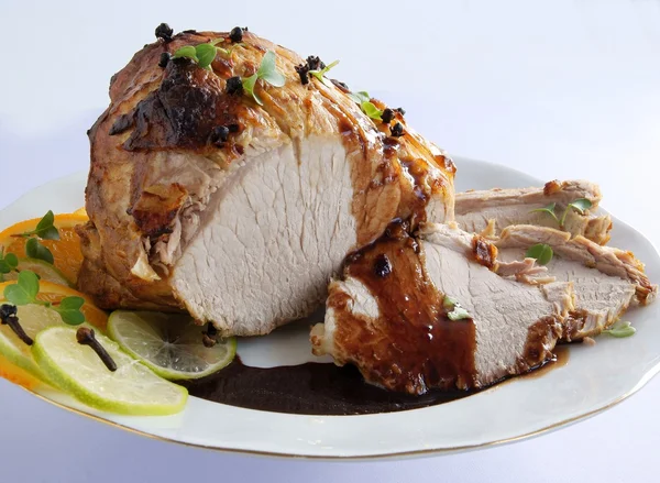 Roasted pork meat with spices and spicy sauce — Stock Photo, Image