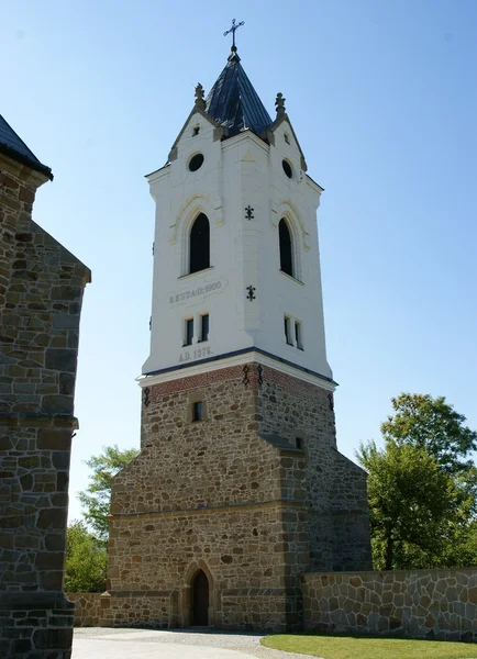 Biezdziedza Jaslo yakınındaki yüksek kule ile eski kilise — Stok fotoğraf