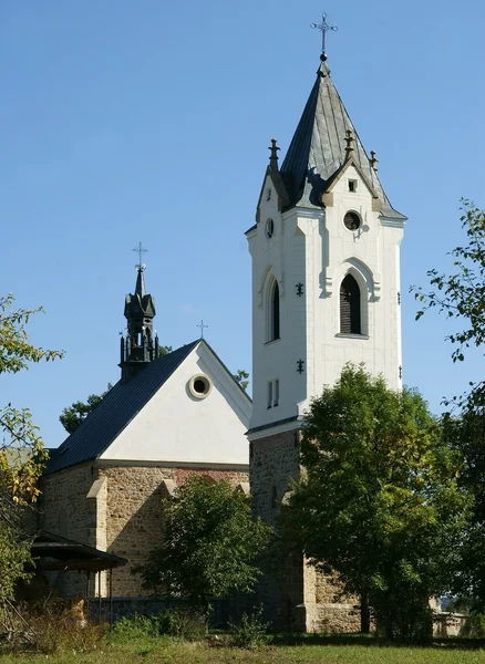 Biezdziedza Jaslo yakınındaki yüksek kule ile eski kilise — Stok fotoğraf