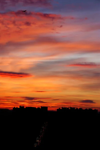 Multicolor,glorious sunrise above city — Stock Photo, Image
