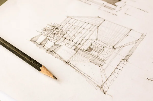Perspective sketch of interior design on white paper — Stock Photo, Image