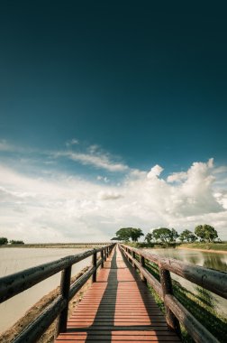 Mavi gökyüzü manzara ile köprü duba