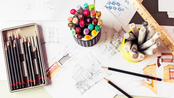 Top view of stationery tool element and sketching interior desig — Stock Photo, Image