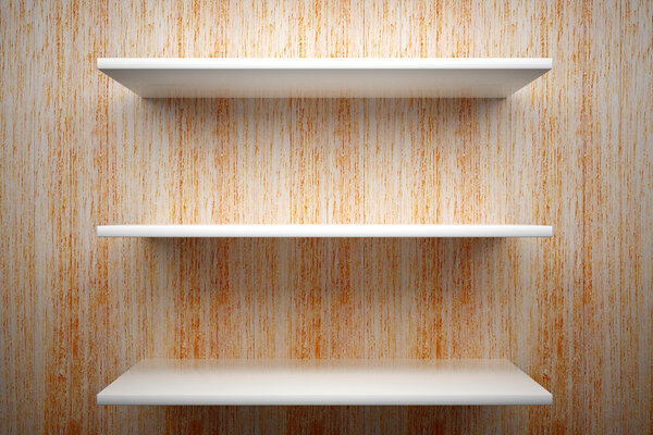 white shelves on wood wall background