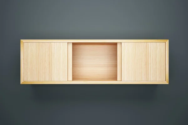 Armário de madeira no interior da parede cinza — Fotografia de Stock