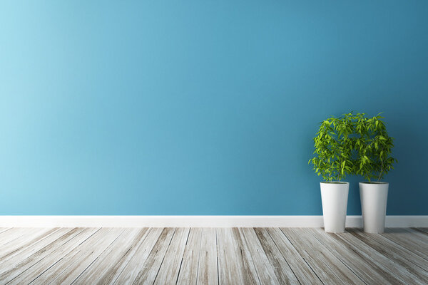 white flower plot and blue wall interior