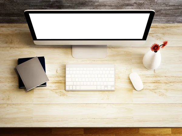 Monitor e acessório na mesa de madeira — Fotografia de Stock