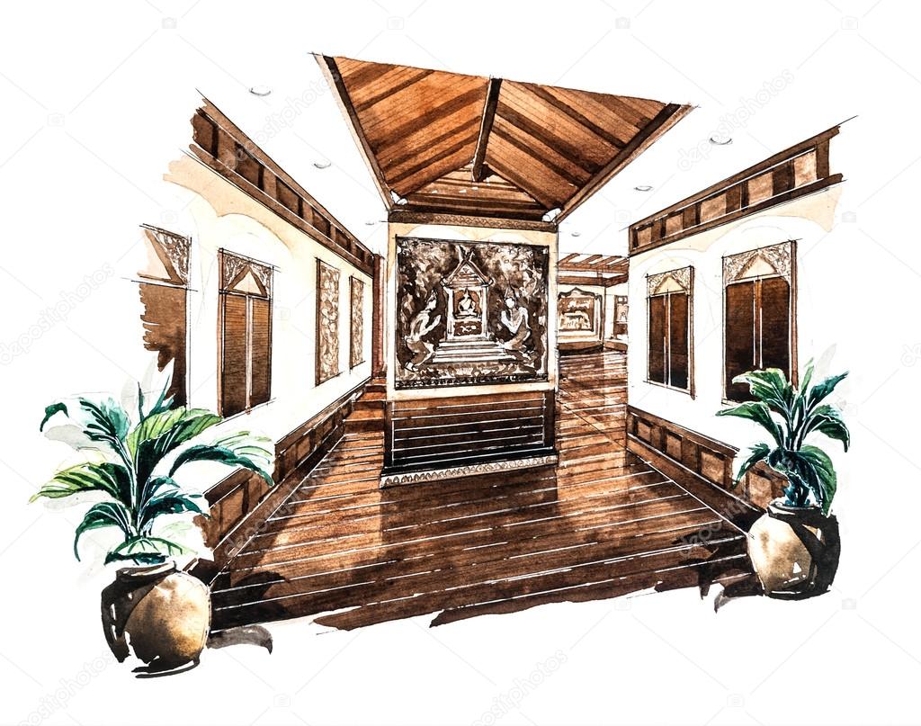 Entrance design for Lanna restaurant of watercolor painting