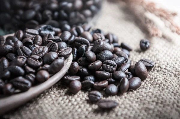 Close-up de grãos de café em pano de saco — Fotografia de Stock