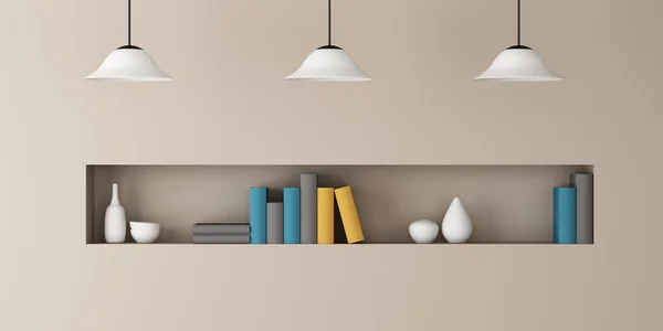 Lámpara blanca y estante libro en la pared decorar —  Fotos de Stock