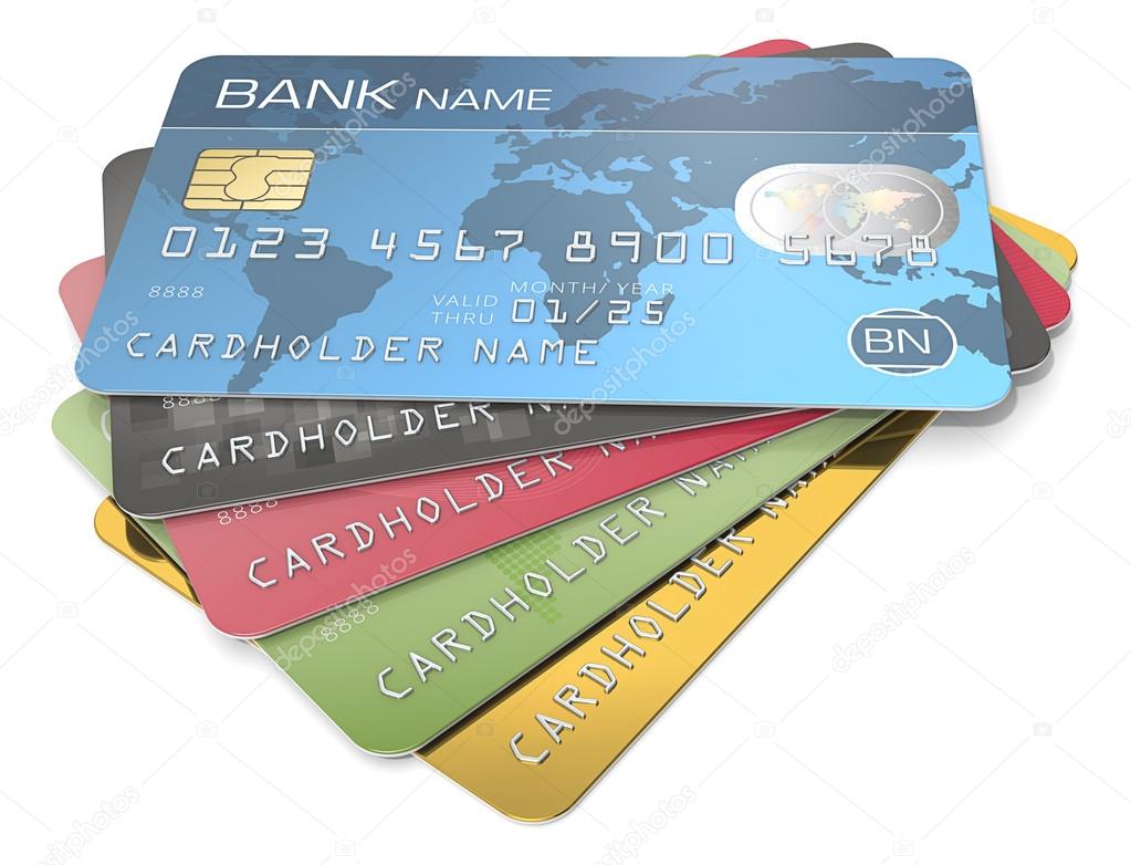 Pile of 5 Credit Cards. Blue, black red, green and gold. Sample Names, Numbers and Logos.