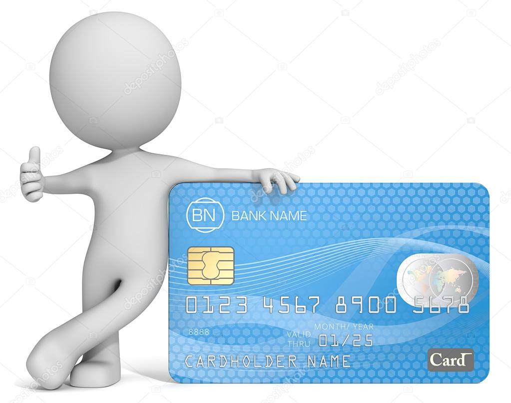 Dude 3D character leaning against blue Credit Card showing thumb up. Generic name,numbers and logo.