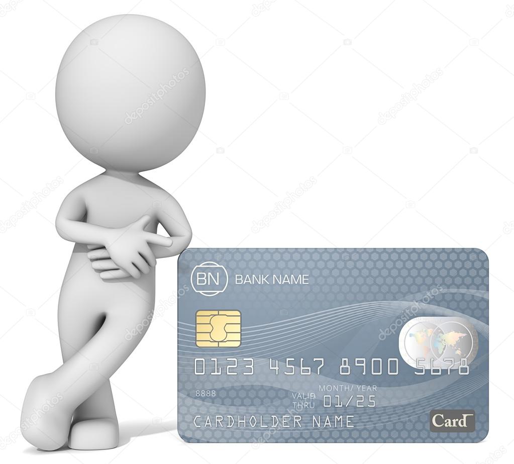 Dude 3D character pointing at Credit Card. Generic name,numbers and logo.