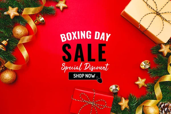 Venta Día Boxeo Con Regalo Navidad Decoración Navidad Sobre Fondo — Foto de Stock