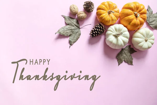 Happy Thanksgiving Day Mit Kürbis Ahornblatt Und Nuss — Stockfoto