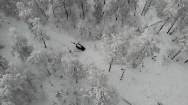 Siyah SUV 'un dağların arasındaki patika boyunca derin beyaz karlar boyunca ilerleyişini gösteren hava manzarası. Cip karlı dağların, uzun çamların ve köknar ağaçlarının arasına sıkıştı. Sıra dışı seyahat, turizm