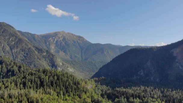 Vue aérienne du lac Ritsa, en Abkhazie. Les gens font du catamaran et du bateau sur la surface plane du lac turquoise. Des arbres verts brillants couvrent les berges. Montagnes et nuages peuvent être vus au loin — Video