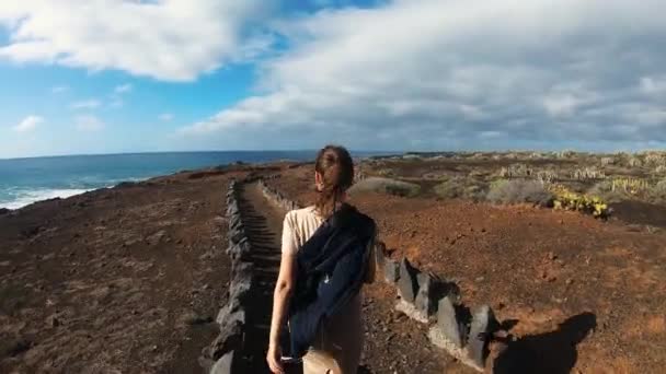 Kvinnan går längs kustpromenaden nära havet. Banan är kantad av stenar. Vågor kraschar mot den klippiga stranden. — Stockvideo
