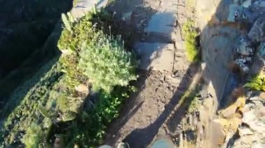 Adam dağın tepesine tırmanır ve taş patika boyunca yürür. Güneş parlıyor ve vücudun gölgesi görülebiliyor. Yolun kenarları boyunca yoğun yeşillik hafif esintiden gelişir. Yürüyüş