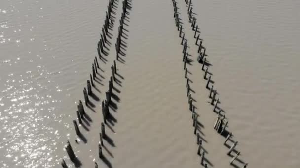 空中俯瞰粉红无人居住的盐湖城,克里米亚半岛.在远处，一条木制树桩的小径流入水中。湖和海被一条沙带隔开了.独特的性质 — 图库视频影像