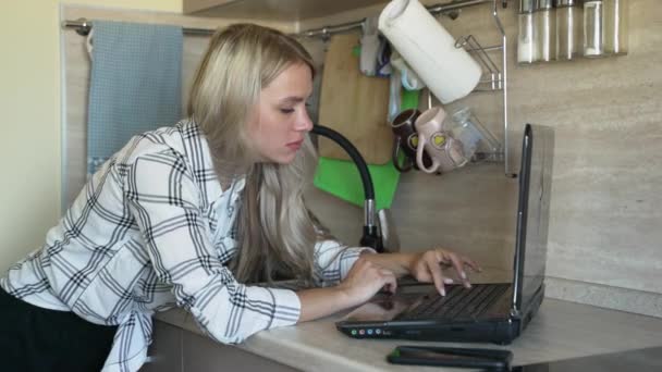 La donna lavora dietro computer portatile in cucina — Video Stock