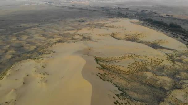 Вид с воздуха на самую высокую песчаную дюну Европы, Сарыкумскую дюну, Дагестан, Россия. Маленькая зеленая растительность на песке. Вид на горный массив и равнину. Золотой песок пустыни. Солнечный свет — стоковое видео