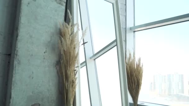 A woman approaches the mirror by the window in a dress with heels — Stock Video