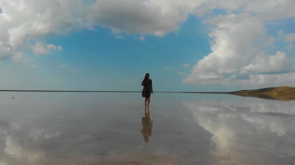 Vista aérea de Pink Salt Lake. Chica en vestido oscuro camina sobre el agua transparente que refleja el cielo azul y las nubes. El lago es como un espejo. La brisa ligera sopla el vestido y el cabello. Verano — Vídeos de Stock