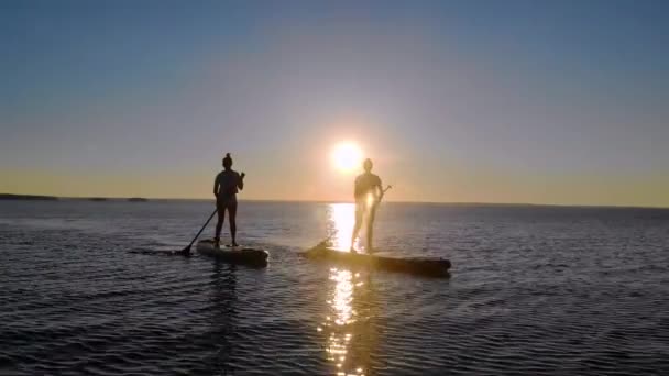 女人在水上用冲浪板行走。朋友们在湖面或海面上畅游,划桨划船.日落或日出可以在远处看到.太阳在水面上形成了一条阳光灿烂的路径.空中景观 — 图库视频影像