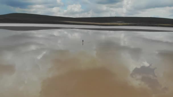 Widok z powietrza na beżowe słone jezioro. Kobieta w sukience chodzi po wodzie jak po lustrze. Woda jeziora odzwierciedla błękitne niebo i unoszące się chmury. Wyjątkowa natura. Opuszczony — Wideo stockowe
