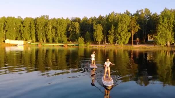 Zwei Freunde segeln sanft vom Ufer des Sees weg und rudern mit Rudern. Am Ufer wachsen grüne Bäume. Sonnenuntergang oder Sonnenaufgang sind in der Ferne zu sehen. Der Wind bewegt das Wasser sanft. Luftaufnahme — Stockvideo