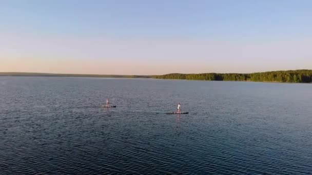 Dos amigos navegan suavemente lejos de la orilla del lago y reman con remos. Los árboles verdes crecen en la orilla. Puesta de sol o salida del sol se puede ver en la distancia. El viento agita suavemente el agua. Vista aérea — Vídeo de stock