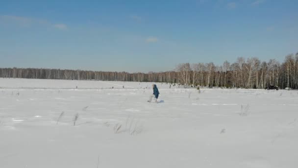 Una donna cammina attraverso il campo di neve. Lei in giacca blu e pantaloni grigi sta camminando attraverso il campo che è coperto di neve. Ha un cappuccio in testa. I suoi piedi affondano nella neve. È difficile camminare — Video Stock