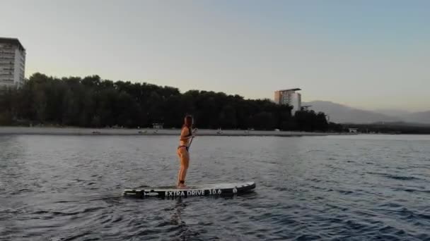 A mulher está a flutuar no SUP board. Mulher bronzeada de biquíni fica a bordo e pás com um remo. Ela segura o remo firmemente em suas mãos. Pôr-do-sol. O mar é de cor azul. Tempo quente — Vídeo de Stock