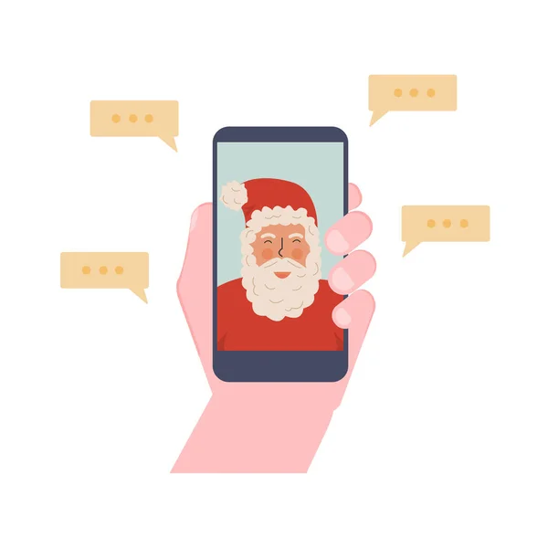 Kluk, co dělá videohovory se Santa Clausem. Ruka drží smartphone. Santa volání na obrazovce zařízení, Vánoční chatování on-line pomocí mobilní aplikace během pandemie uzamčení na zimní dovolenou. Vektorová ilustrace. — Stockový vektor