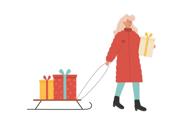 Молода жінка ходить і носить санки з безліччю подарунків і несе подарунок. Підготовка до зимових канікул. Різдвяний ярмарок. Традиційні покупки. Персонаж ізольований на білому. Векторні ілюстрації . — стоковий вектор