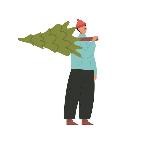 Un joven con ropa de invierno lleva un árbol de Navidad a casa. Un tipo feliz con abeto. Compras tradicionales de celebración de Navidad. Mercado festivo. Concepto de preparación de temporada navideña. Ilustración vectorial. — Vector de stock