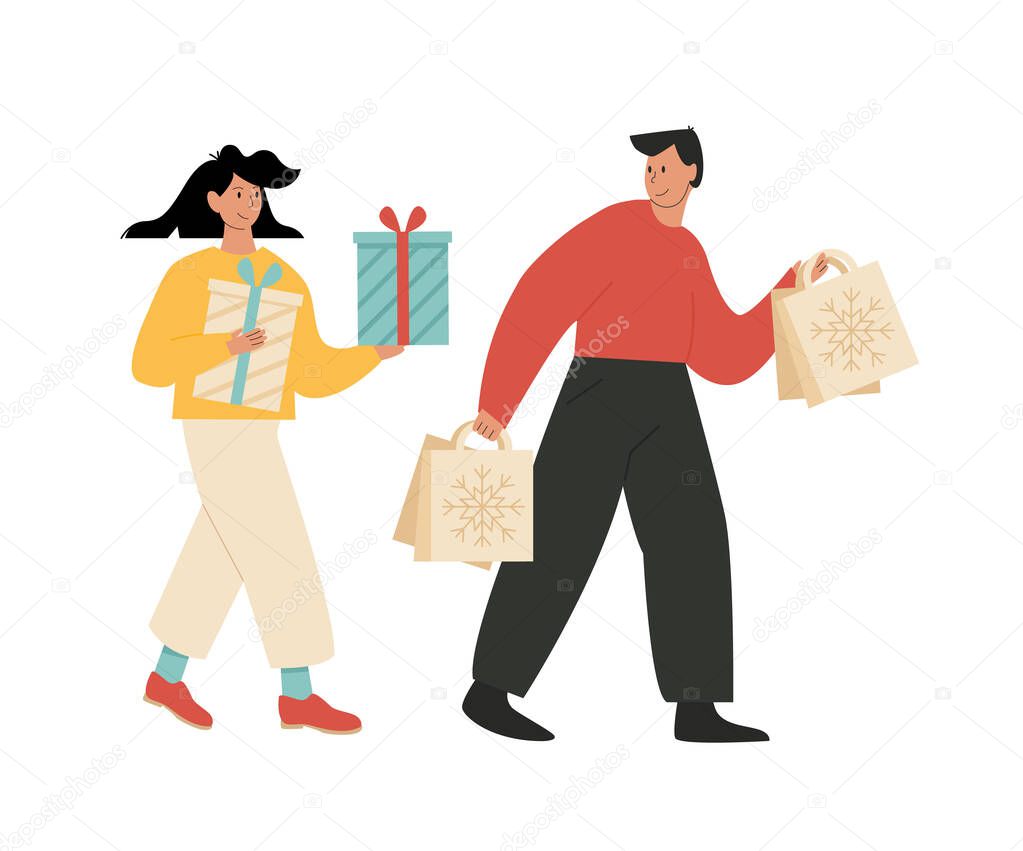 A man and woman doing Xmas shopping. Guy and girl holding gifts in their hands and walking. A couple buying presents on Christmas sale. Modern disproportional flat character isolated on white.